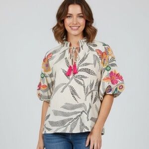 THML anthropology Women's Embroidered Blouse  Cream and Black with Floral Accent